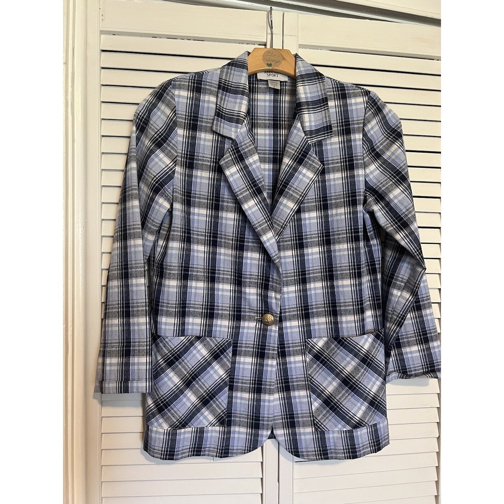 AMANDA SPORT Women's Size Small S Blazer Suit Jacket Vintage Blue Plaid